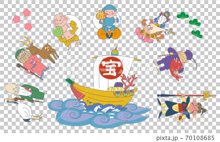 2021 Seven Lucky Gods New Year's card material illustration 70108685