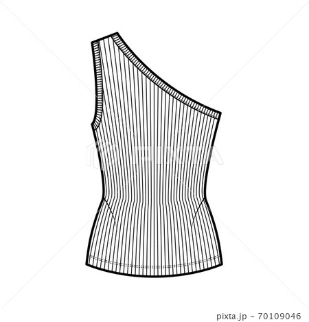 One-shoulder ribbed stretch-jersey tank technical fashion illustration with slim fit, tunic length. Flat outwear cami  70109046