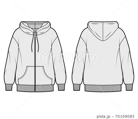 Zip-up oversized cotton-fleece hoodie technical fashion illustration with pocket, relaxed fit, long sleeves. Flat jumper 70109085