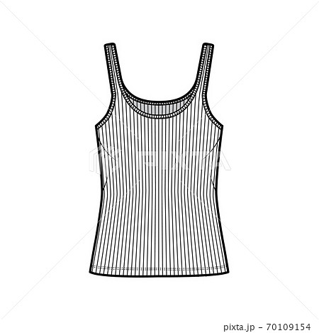 Ribbed cotton-jersey tank technical fashion illustration with scoop neck, relaxed fit knit, tunic length. Flat camisole 70109154