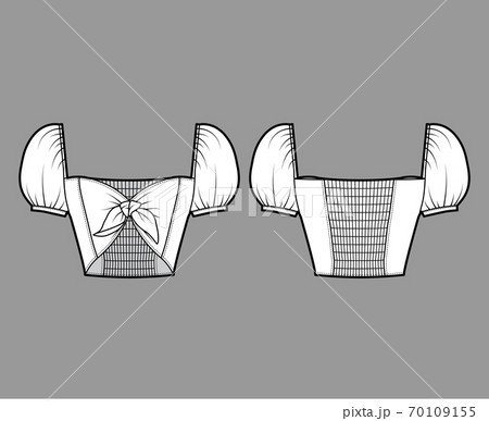 Tie-front cropped top technical fashion illustration with bow-detailed front, puffy blouson sleeves, elasticated back 70109155