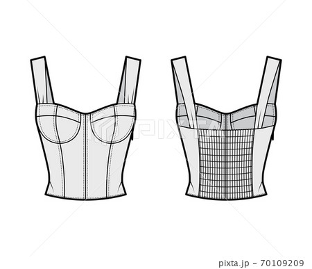 Jewel cropped shirred corset-style smocked top technical fashion illustration with molded cups, close fit, shirred back 70109209
