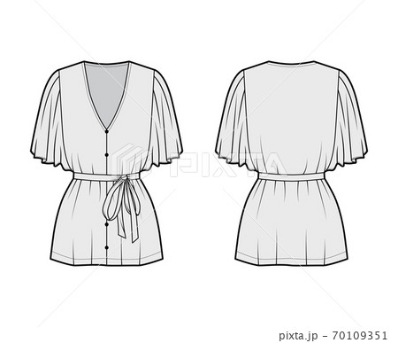 Blouse technical fashion illustration with flare elbow circle sleeves, plunging V-neckline, tie belt in at the waist Blouse technical fashion illustration with flare elbow circle sleeves, plunging V-neckline, tie belt in at the waist 70109351