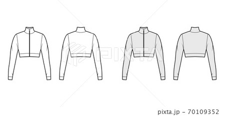 Zip-up cropped turtleneck jersey sweater technical fashion illustration with long sleeves, close-fitting shape. Flat Zip-up cropped turtleneck jersey sweater technical fashion illustration with long sleeves, close-fitting shape. Flat 70109352