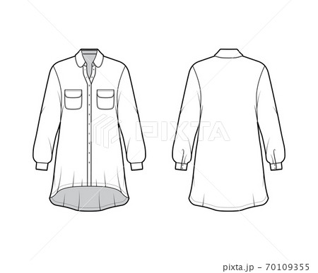 Oversized shirt dress technical fashion illustration with rounded pockets and collar, long sleeves, high-low hem Oversized shirt dress technical fashion illustration with rounded pockets and collar, long sleeves, high-low hem 70109355