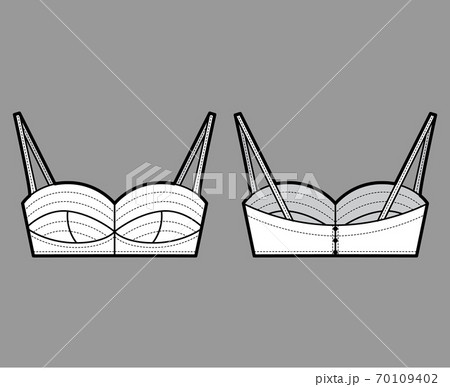 Bustier top technical fashion illustration with cropped length, cups and a cutaway front, straps. Flat bra swimwear Bustier top technical fashion illustration with cropped length, cups and a cutaway front, straps. Flat bra swimwear 70109402
