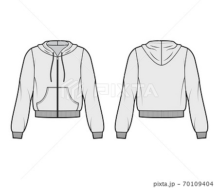Zip-up cotton-fleece hoodie technical fashion illustration with relaxed fit, long sleeves, ribbed trims, front pocket. 70109404