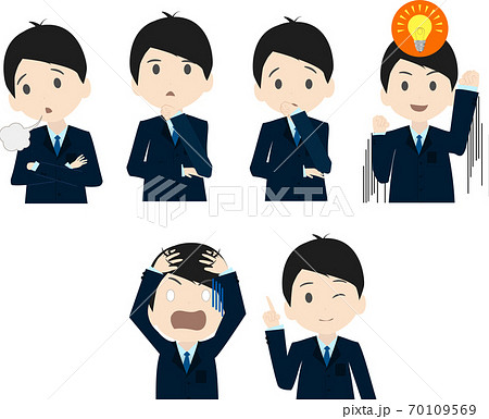 悩み考え 気付き アイデアを浮かべるビジネスマンの表情セットのイラスト素材 悩み考え 気付き アイデアを浮かべるビジネスマンの表情セットのイラスト素材