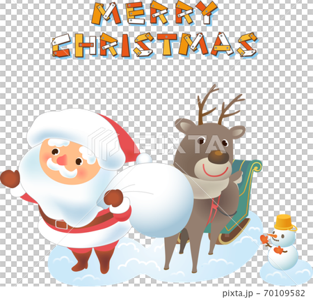 サンタとトナカイと雪だるま クリスマスロゴのイラスト素材 [70109582