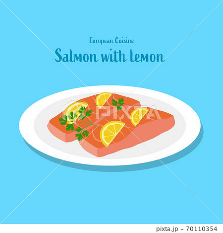 お皿に盛り付けされた新鮮なサーモンの切り身とレモンのイラスト素材