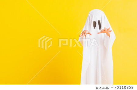 little cute child with white dressed costume halloween ghost scary little cute child with white dressed costume halloween ghost scary 70110858