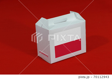 Poland flag on white box with barcode and the color of nation flag on red background. Poland flag on white box with barcode and the color of nation flag on red background. 70112943