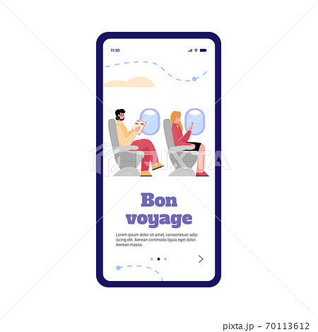 Onboarding page for airline with passengers flat vector illustration isolated. Onboarding page for airline with passengers flat vector illustration isolated. 70113612