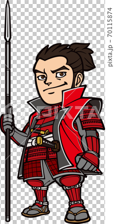 Sengoku warrior standing with a spear [3 heads, red] 70115874