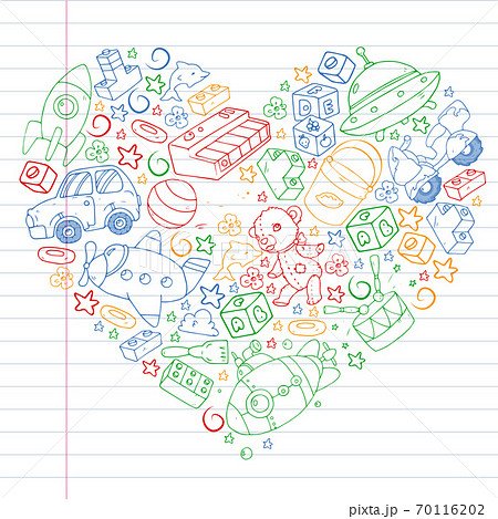 Set of vector toys for little children. Ufo, submarine. Cartoon dinosaur. Kindergarten kids. 70116202