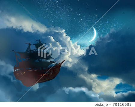 月が輝く夜空に漂う飛行船のファンタジー背景のイラスト素材