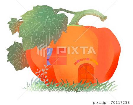 葉っぱのついたかぼちゃの家 窓と扉のイラスト素材