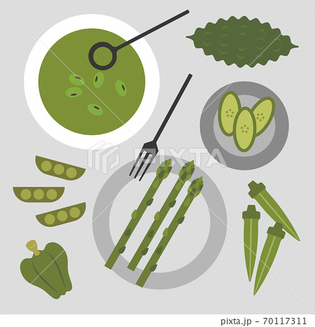 緑の野菜と簡単料理のイラストのイラスト素材