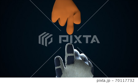 Two hands reaching out to each other in space, 3d rendering. Computer generated cartoon background. 70117732