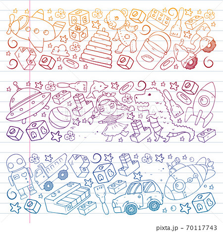 Set of vector toys for little children. Ufo, submarine. Cartoon dinosaur. Kindergarten kids. 70117743