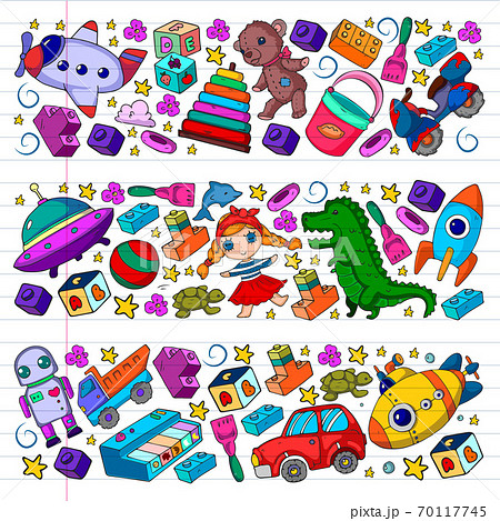 Set of vector toys for little children. Ufo, submarine. Cartoon dinosaur. Kindergarten kids. 70117745