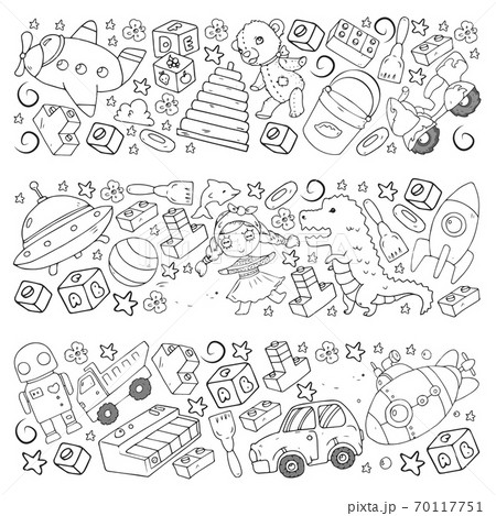 Set of vector toys for little children. Ufo, submarine. Cartoon dinosaur. Kindergarten kids. 70117751