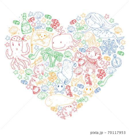 Vector pirate set in cartoon style. Sweet card with pirates, ship, whale, crab, octopus, mermaid, rum, anchor, treasure, fish, island and parrot. Vector pirate set in cartoon style. Sweet card with pirates, ship, whale, crab, octopus, mermaid, rum, anchor, treasure, fish, island and parrot. 70117953