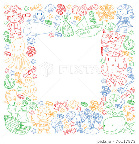 Vector pirate set in cartoon style. Sweet card with pirates, ship, whale, crab, octopus, mermaid, rum, anchor, treasure, fish, island and parrot. Vector pirate set in cartoon style. Sweet card with pirates, ship, whale, crab, octopus, mermaid, rum, anchor, treasure, fish, island and parrot. 70117975