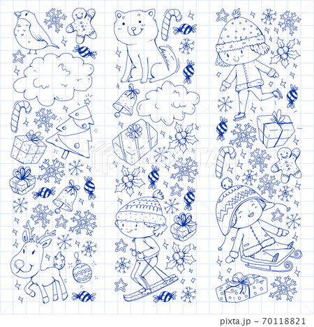 Christmas winter vector background with children. Kids vacation and sport. Christmas winter vector background with children. Kids vacation and sport. 70118821