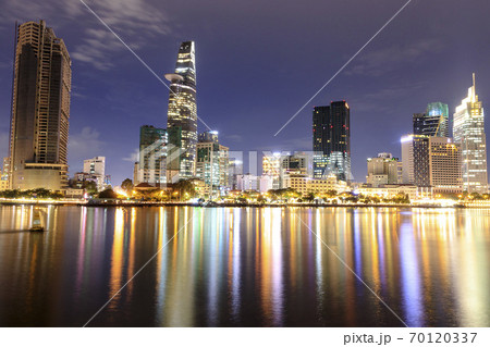 Artwork: Ho Chi Minh city skyline aerial panoramic view at night.  70120337