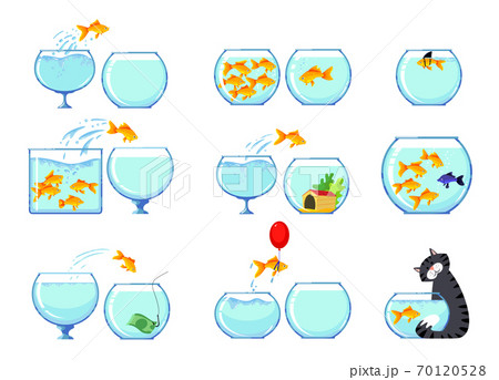 Set of icons with Goldfish and Cat Characters. Cute Funny Mascots for Zoo Market. Gold Fish Swim and Jump in Aquarium Set of icons with Goldfish and Cat Characters. Cute Funny Mascots for Zoo Market. Gold Fish Swim and Jump in Aquarium 70120528