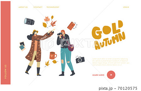 Fall Season Activity and Spare Time Landing Page Template. Female Photographer Character Making Autumn Photo Outdoor 70120575