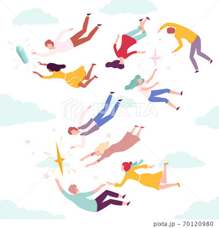 People Flying in the Sky Set, Men and Women Floating in Imagination Dreams Wearing Casual Clothes Flat Style Vector Illustration 70120980