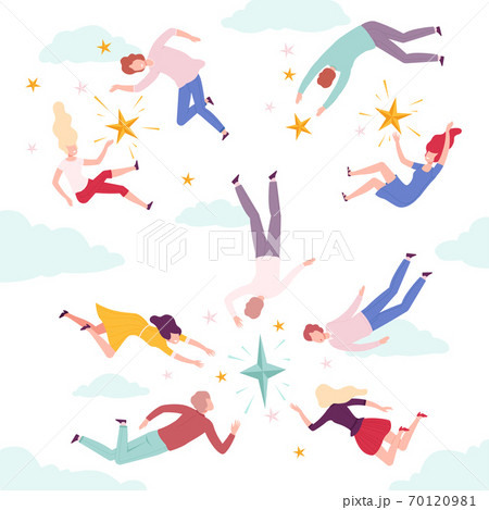 People Flying in the Sky to Stars Set, Men and Women Floating in Imagination Dreams Flat Style Vector Illustration 70120981