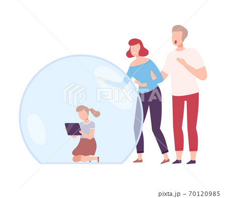 Little Girl Sitting with Laptop Computer in Transparent Protective Bubble, Parents Trying to Reach Her, Separation from Society Concept Flat Style Vector Illustration 70120985