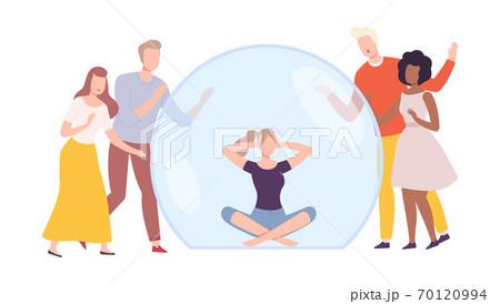 Young Woman Sitting Inside Transparent Bubble, People Trying to Reach Her, Separation from Society Concept Flat Style Vector Illustration 70120994