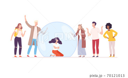 Unsocial Young Woman Sitting Inside Transparent Protective Bubble, Separation from Society or Solitude Concept Flat Style Vector Illustration 70121013