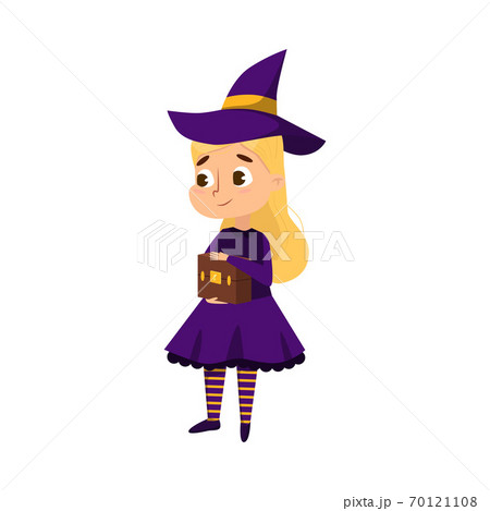 Little Witch with Magic Wooden Box, Cute Girl Wearing Purple Dress and Hat Practicing Witchcraft Cartoon Style Vector Illustration Little Witch with Magic Wooden Box, Cute Girl Wearing Purple Dress and Hat Practicing Witchcraft Cartoon Style Vector Illustration 70121108