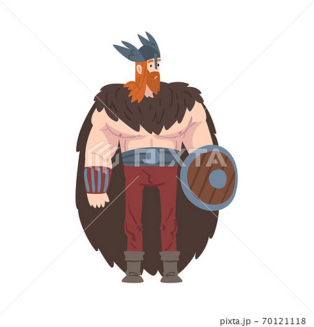 Viking Warrior, Scandinavian Mythology Character in Traditional Clothes and Fur Cape Cartoon Style Vector Illustration 70121118