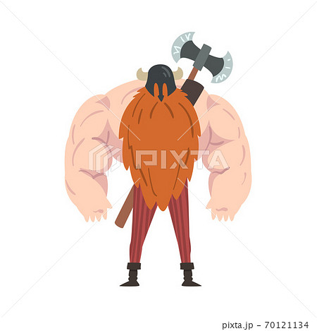 Viking Warrior Battle Double Axe, Muscular Red Bearded Scandinavian Mythology Character in Traditional Outfit Cartoon Style Vector Illustration Viking Warrior Battle Double Axe, Muscular Red Bearded Scandinavian Mythology Character in Traditional Outfit Cartoon Style Vector Illustration 70121134