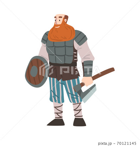 Viking Warrior with Battle Axe and Sword, Scandinavian Mythology Character in Traditional Outfit Cartoon Style Vector Illustration Viking Warrior with Battle Axe and Sword, Scandinavian Mythology Character in Traditional Outfit Cartoon Style Vector Illustration 70121145