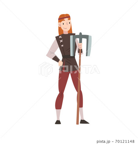 Girl Viking with Battle Axe, Medieval Female Warrior, Scandinavian Mythology Character in Traditional Outfit Cartoon Style Vector Illustration Girl Viking with Battle Axe, Medieval Female Warrior, Scandinavian Mythology Character in Traditional Outfit Cartoon Style Vector Illustration 70121148