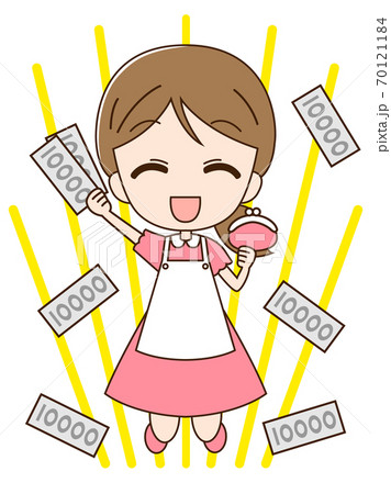 財布とお札を持ってジャンプする主婦1 財布とお札を持ってジャンプする主婦1 70121184
