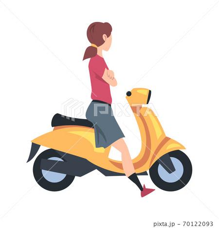 Young Woman Riding Scooter, Side View of Girl Sitting on Yellow Motorbike Cartoon Style Vector Illustration Young Woman Riding Scooter, Side View of Girl Sitting on Yellow Motorbike Cartoon Style Vector Illustration 70122093