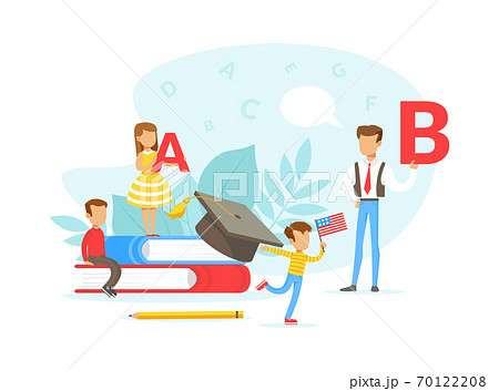 Tiny People Learning Foreign Language, Teacher Teaching Primary School Kids, Language School Flat Vector Illustration 70122208