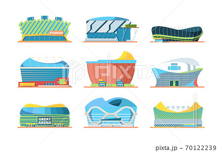 Stadium exterior. Sport building arena entrance for soccer vector flat pictures of public stadium 70122239