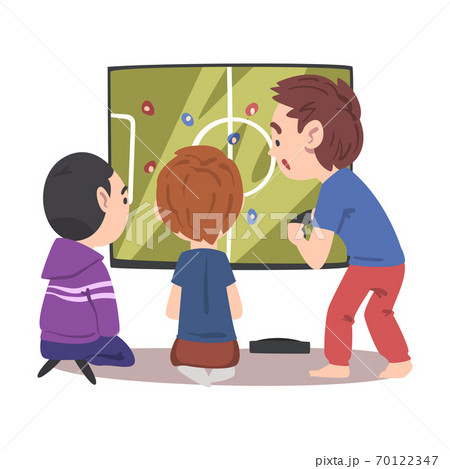 Boys Sitting in front of Huge Screen Playing Soccer Video Game, Children Having Fun Together with Computer Gaming Cartoon Style Vector Illustration Boys Sitting in front of Huge Screen Playing Soccer Video Game, Children Having Fun Together with Computer Gaming Cartoon Style Vector Illustration 70122347