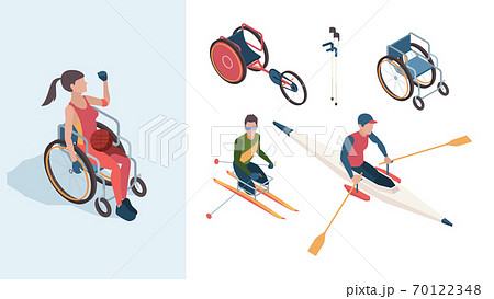 Paralympic characters. Disabled sportsmen athletes male and female in summer olympic games vector isometric people 70122348