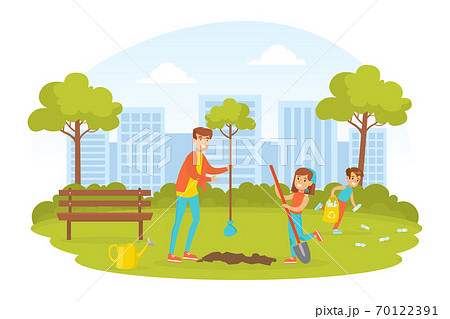 People Taking Care about Ecology, Young Woman and Two Children Planting Trees in Park, Ecology and Environment Protection Concept Flat Vector Illustration 70122391
