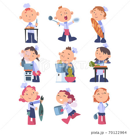 Kids Chefs Set, Cute Funny Children Cookers Characters Wearing White Hat and Apron Cooking Delicious Food on Kitchen Cartoon Vector Illustration Kids Chefs Set, Cute Funny Children Cookers Characters Wearing White Hat and Apron Cooking Delicious Food on Kitchen Cartoon Vector Illustration 70122964
